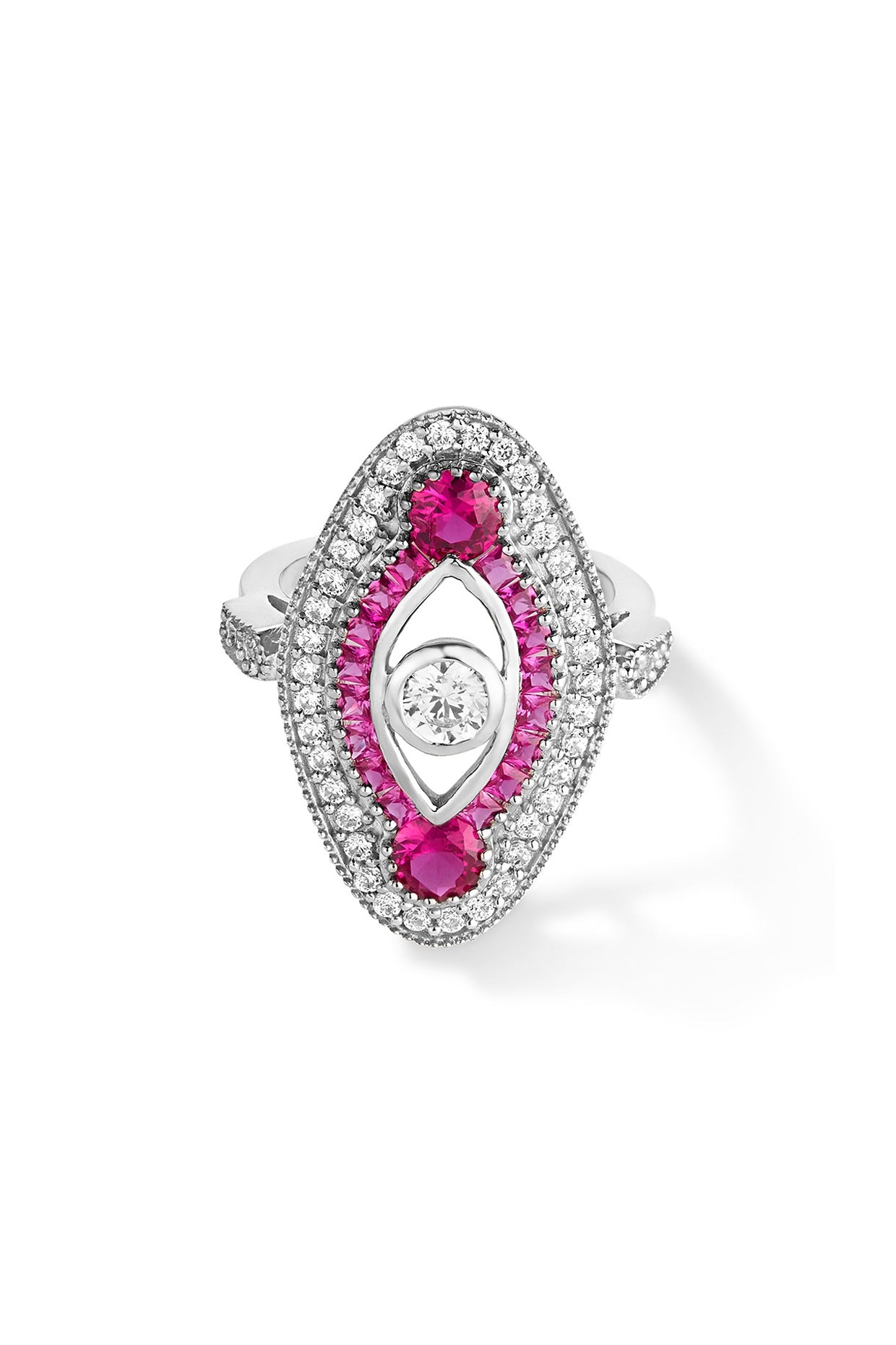 White Rhodium Plated Pink Ruby & Cubic Zircon Ring In Sterling Silver