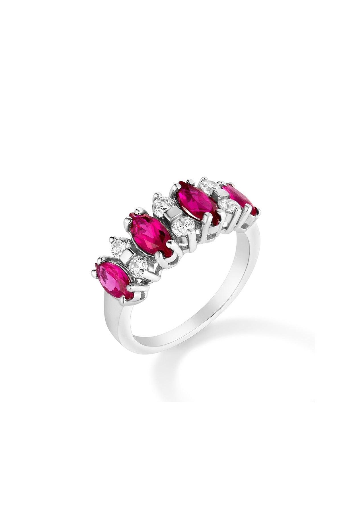 White Rhodium Plated Ruby & Marquise Zircon Ring In Sterling Silver