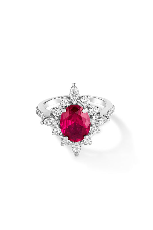 White Rhodium Plated Ruby & Cubic Zircon Ring In Sterling Silver