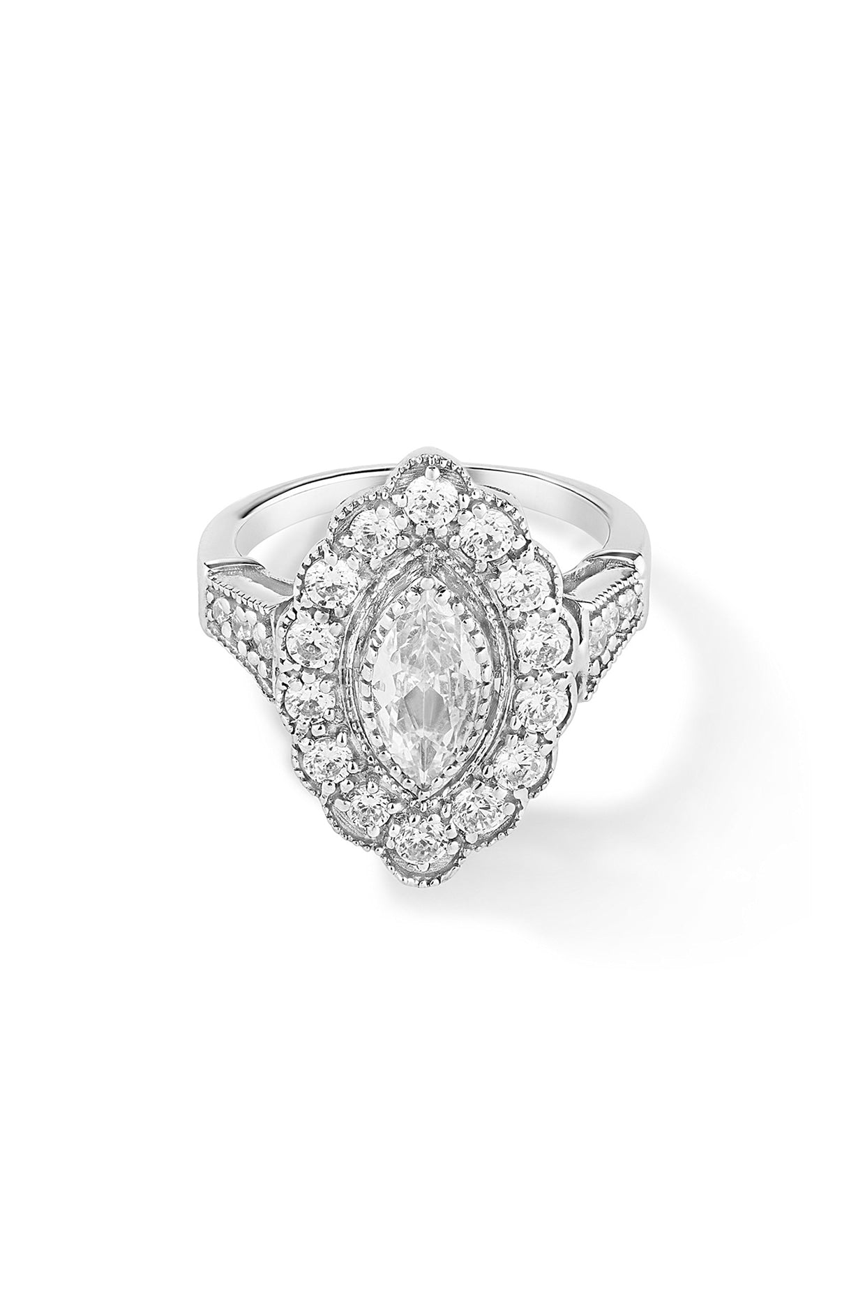 White Rhodium Plated Marquise Solitaire & Cubic Zircon Ring In Sterling Silver