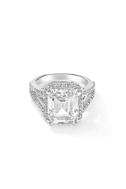 White Rhodium Plated Cubic Zircon Ring In Sterling Silver