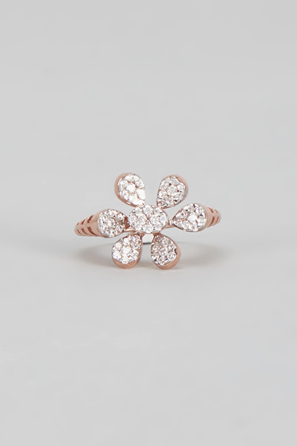 Rose Gold Plated Cubic Zircon Floral Ring In Sterling Silver