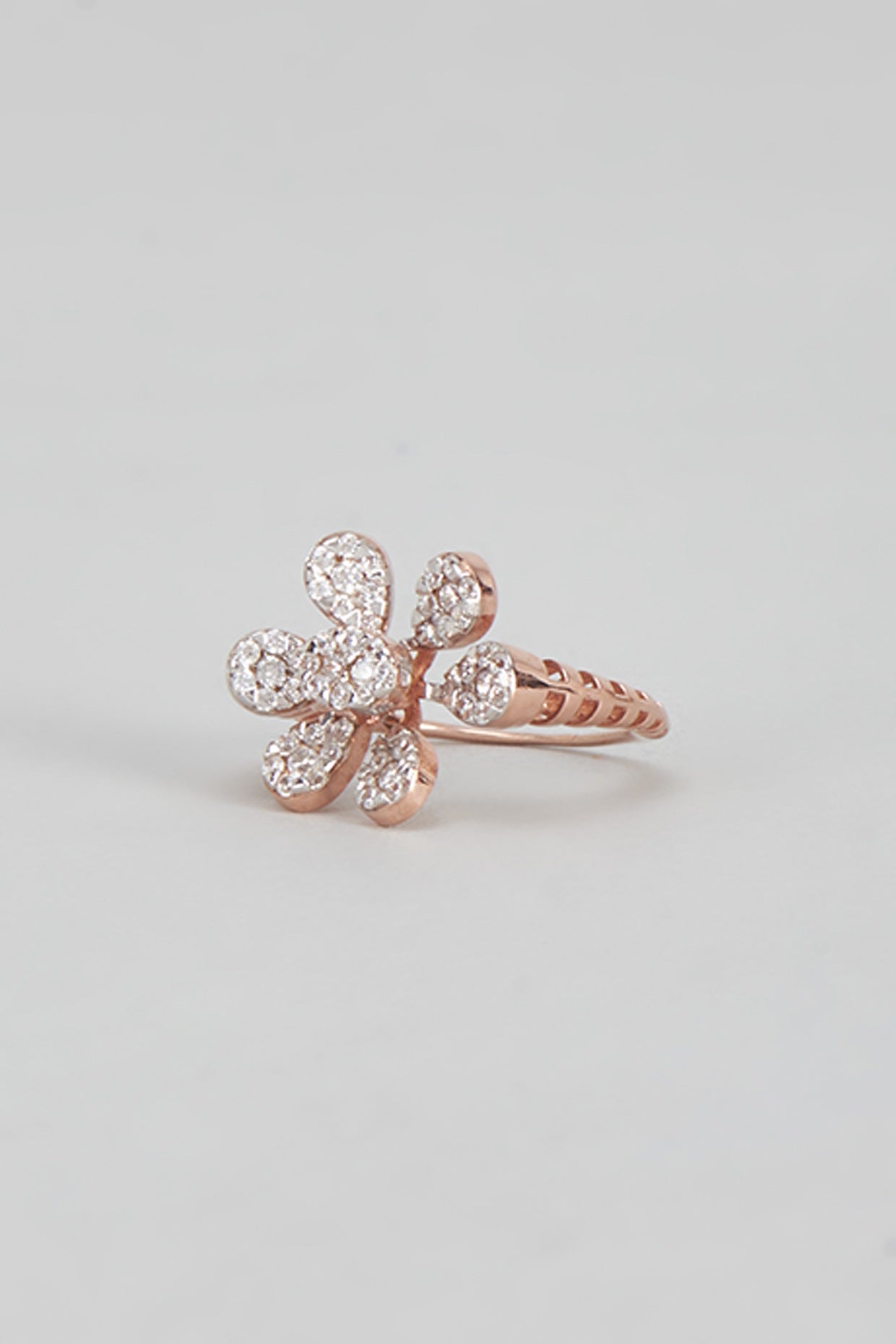 Rose Gold Plated Cubic Zircon Floral Ring In Sterling Silver