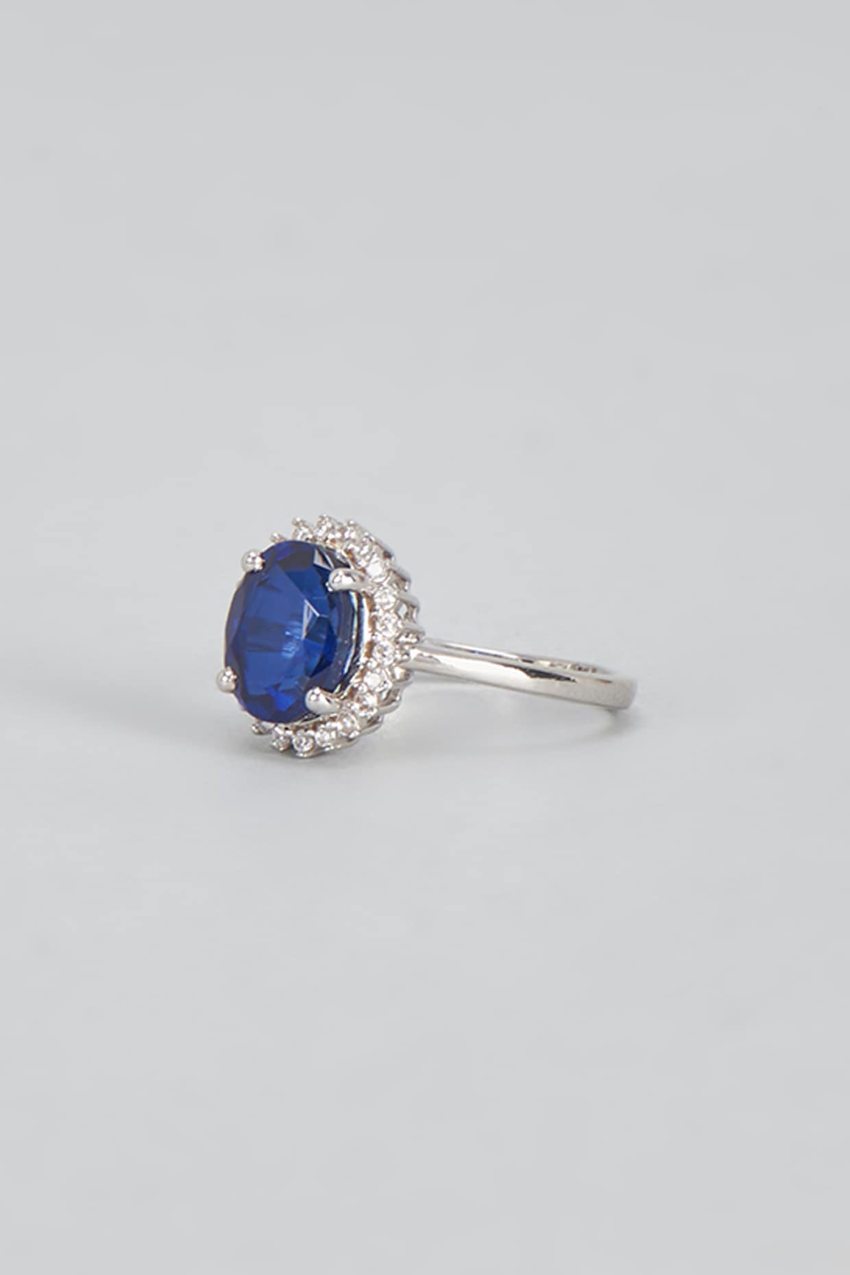 White Plated Cubic Zircon & Sapphire Stone Ring In Sterling Silver