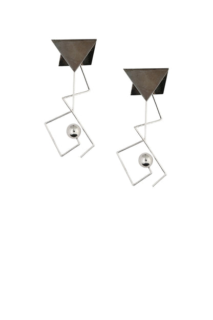 Silver Finish Triangular Top And Silver Ball Drop Earrings