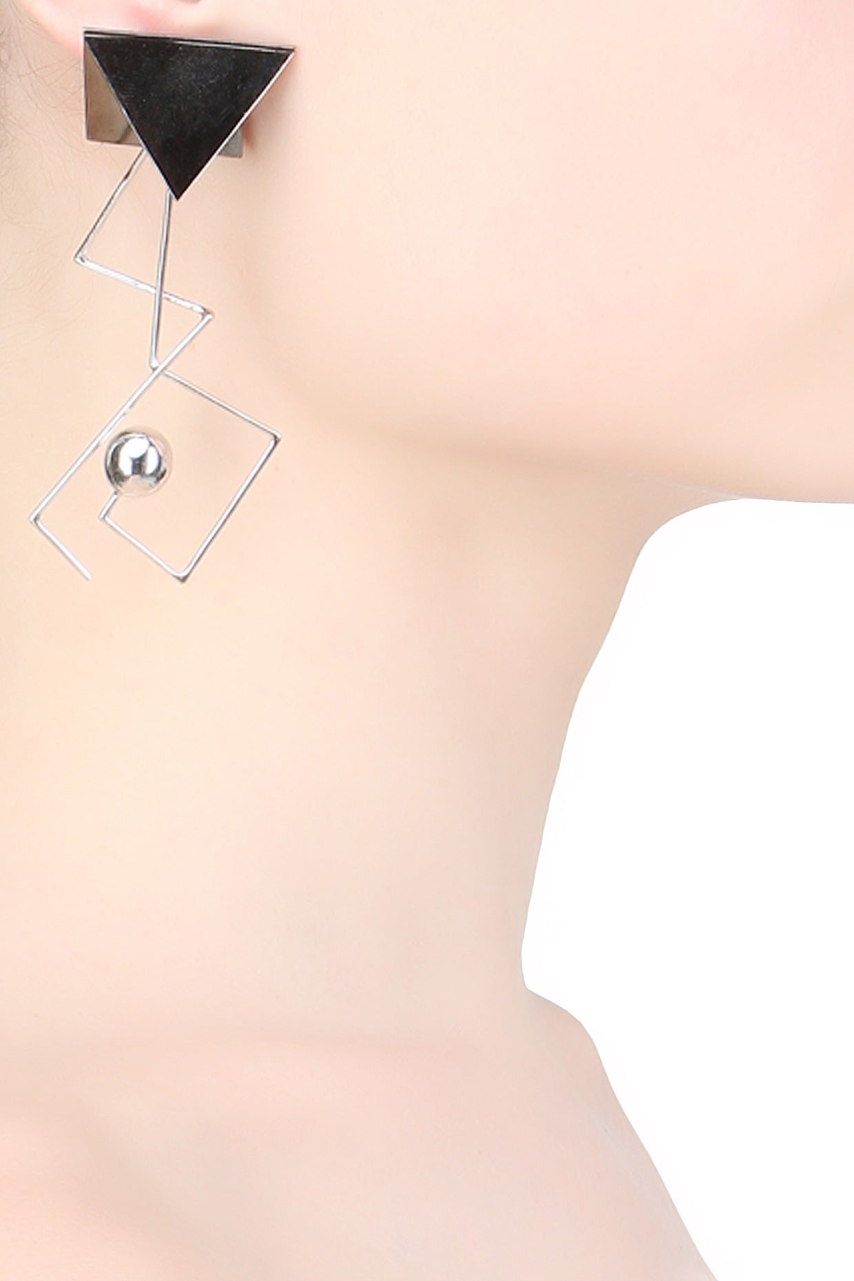 Silver Finish Triangular Top And Silver Ball Drop Earrings