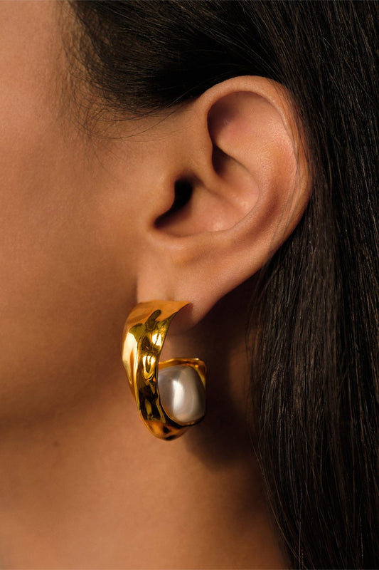 Gold Plated Pearl Mini Crest Hoop Earrings