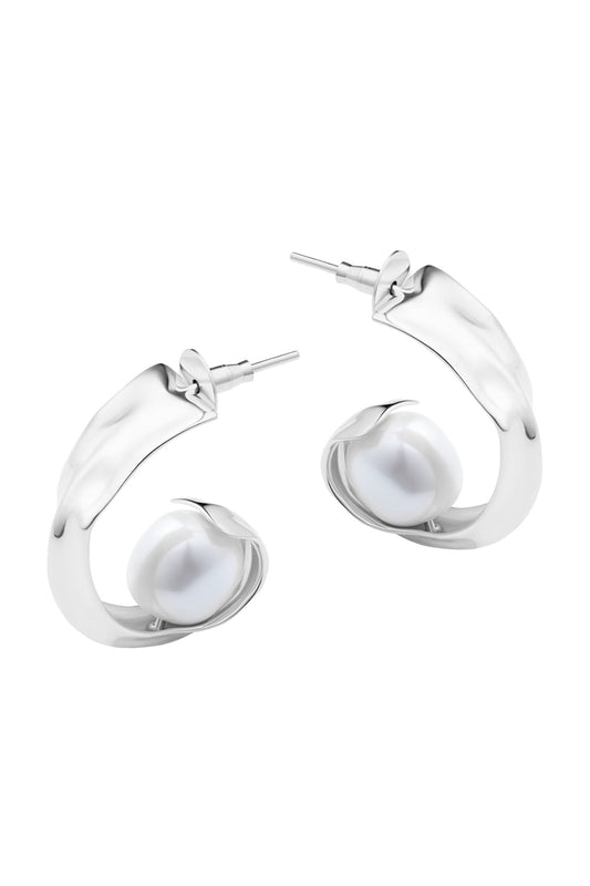Silver Finish Pearl Mini Crest Hoop Earrings