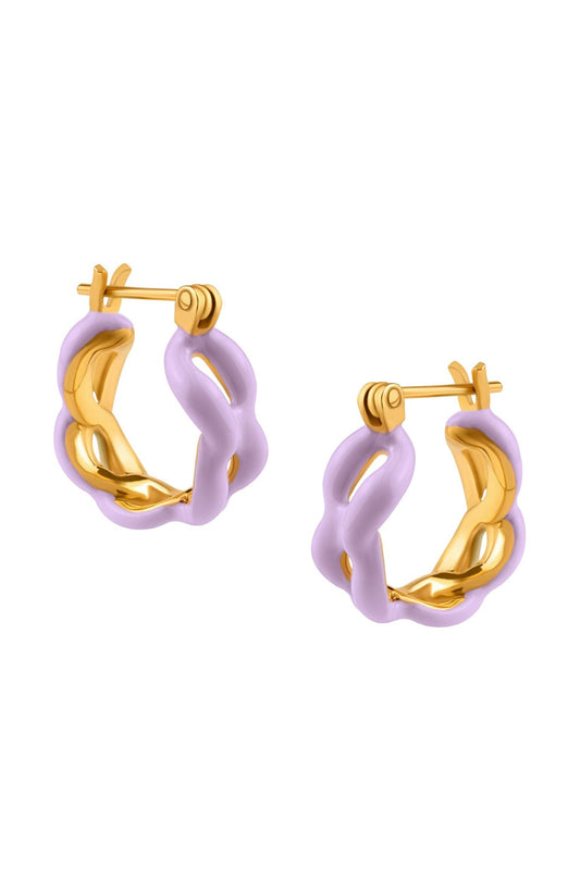 Gold Plated Enameled Link Huggie Hoop Earrings