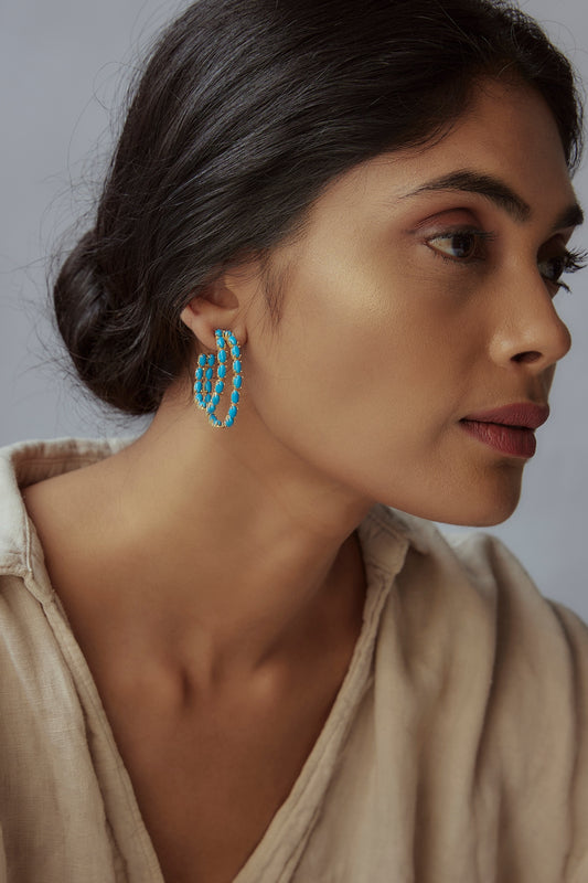 Gold Finish Turquoise Stone Hoop Earrings
