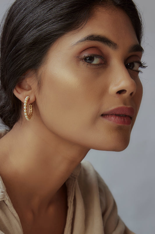 Gold Finish Pearl Hoop Earrings