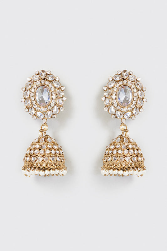 Gold Finish Kundan Polki Dangler Earrings With Maang Tikka