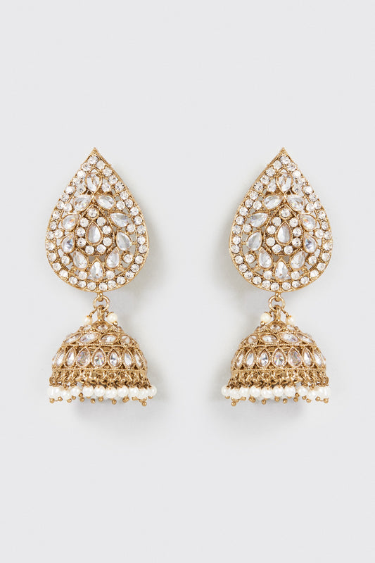 Gold Finish Kundan Polki Dangler Earrings With Maang Tikka