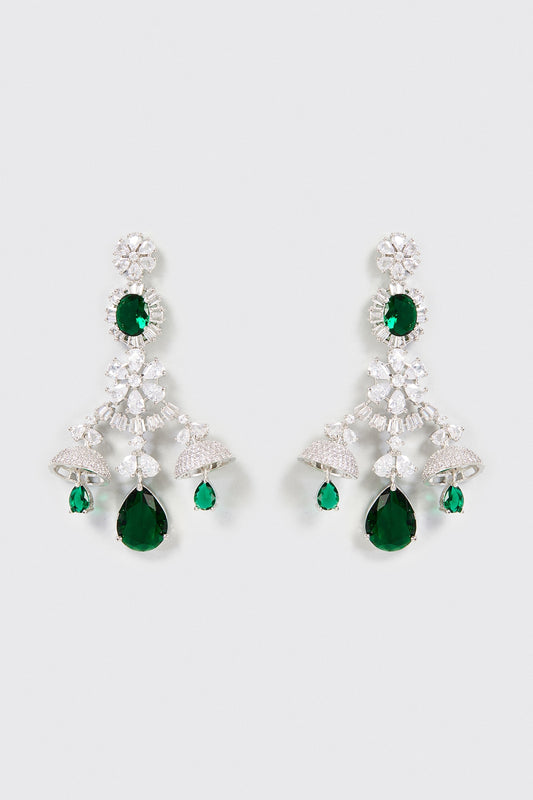 White Finish Emerald & Zircon Dangler Earrings