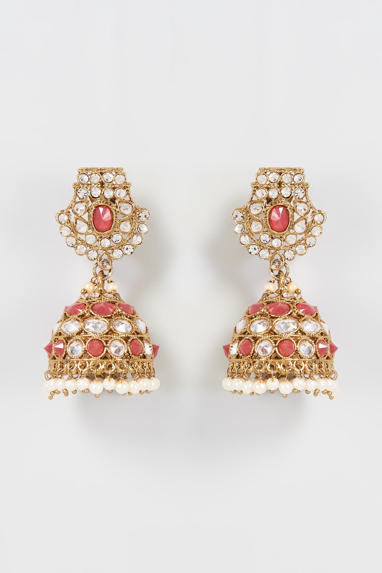 Gold Finish Pink Kundan Polki Dangler Earrings With Maang Tikka