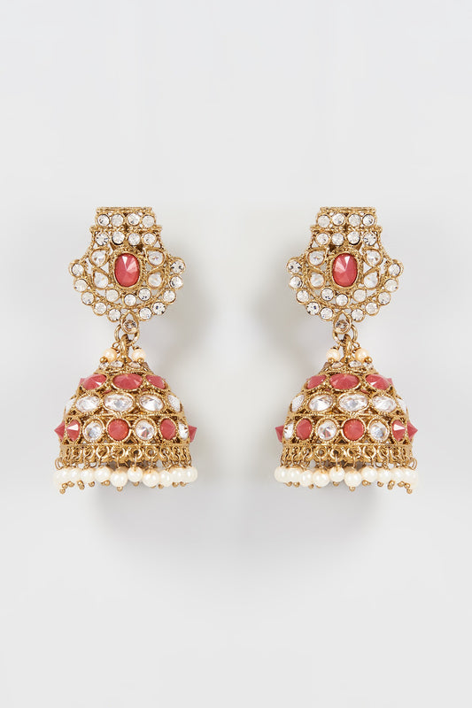 Gold Finish Pink Kundan Polki Dangler Earrings With Maang Tikka