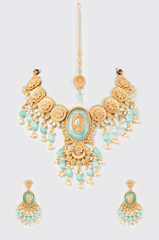 Gold Finish Light Blue Stone & Kundan Polki Long Necklace Set