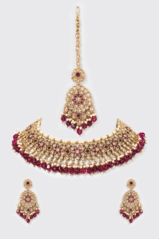 Gold Finish Wine Stone & Kundan Polki Choker Necklace Set