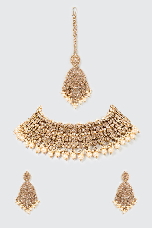 Gold Finish Kundan Polki & Champagne Stone Choker Necklace Set