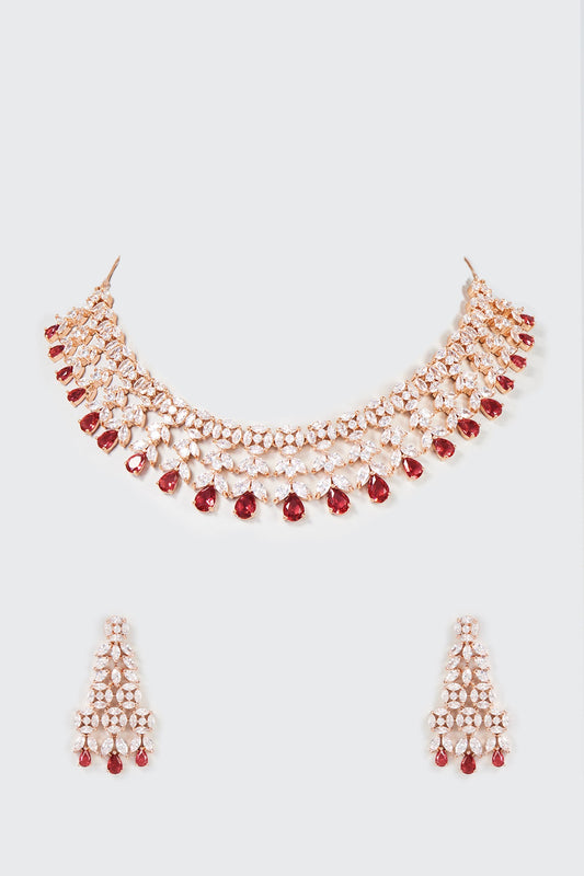 Rose Gold Finish Red Zircon Choker Necklace Set