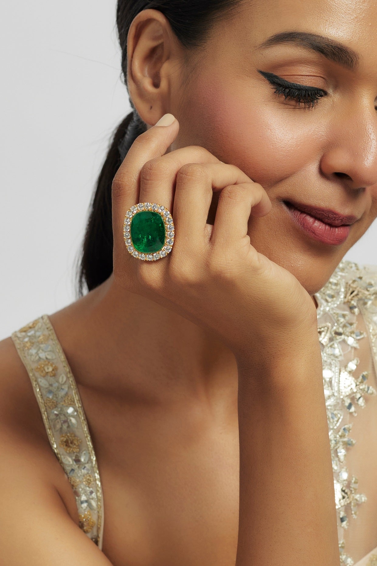 Gold Finish Zircon & Emerald Stone Ring