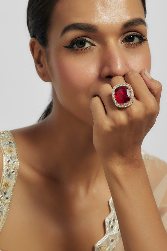 Gold Finish Ruby & Zircon Ring