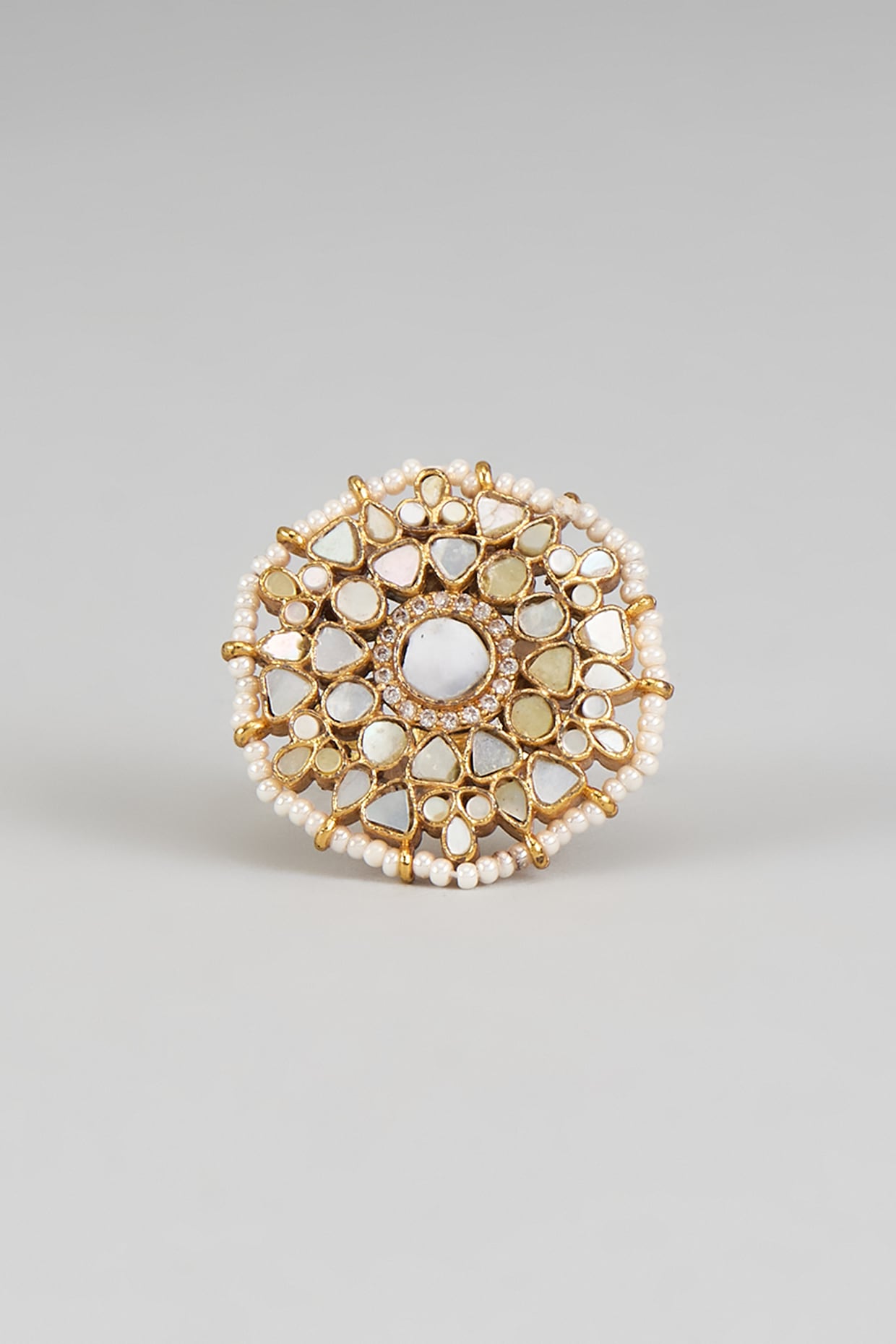 Gold Finish Zircon & Pearl Ring