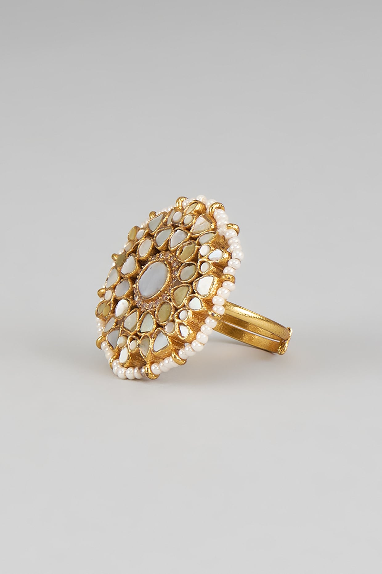 Gold Finish Zircon & Pearl Ring