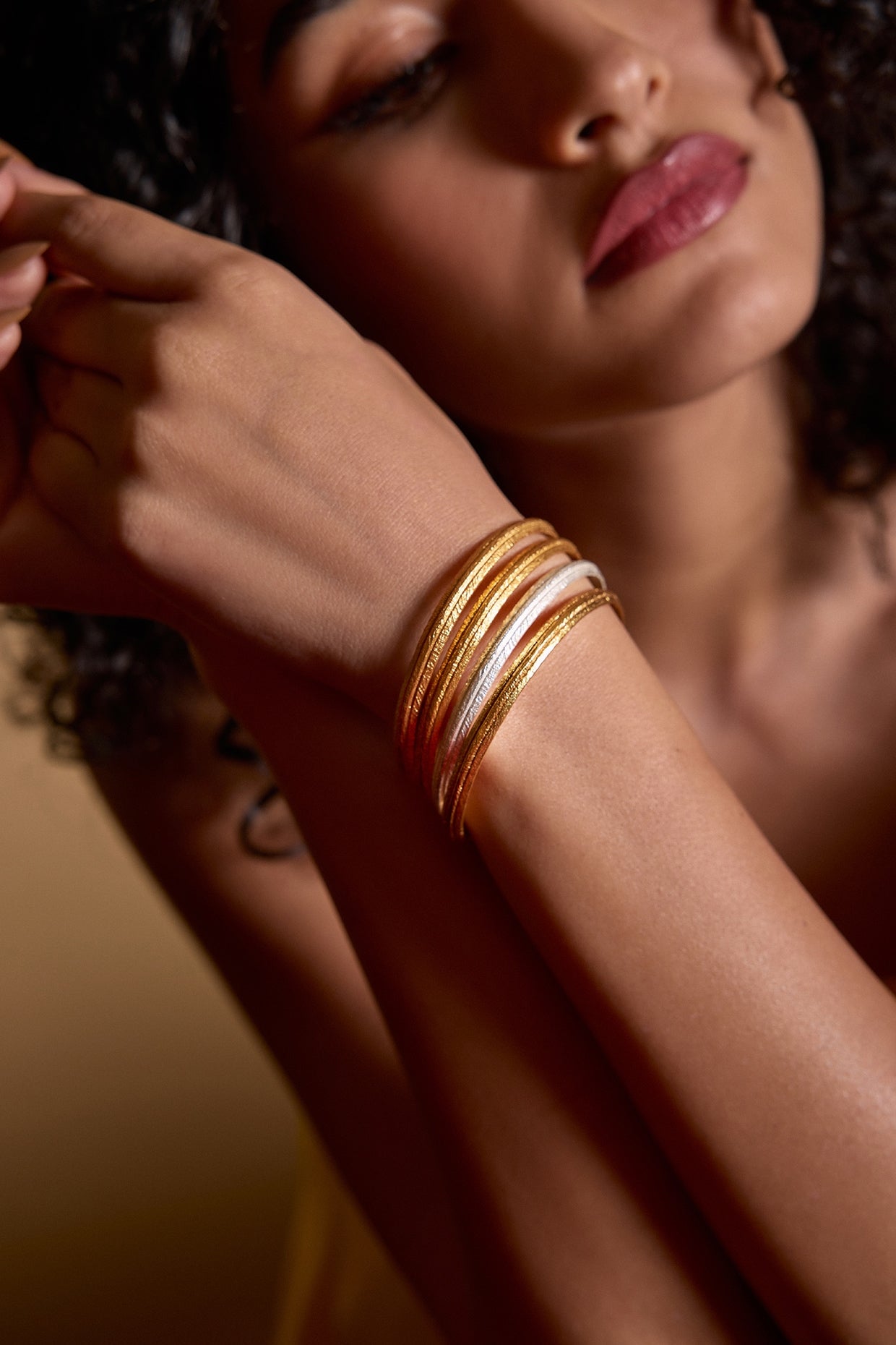 Two Tone Finish Textured Stackable Bangle