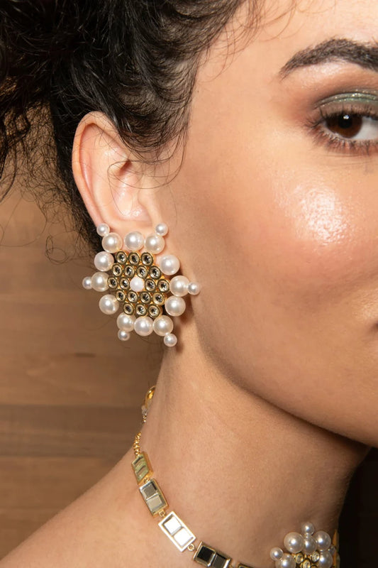 Gold Finish Mirror & Shell Pearl Stud Earrings