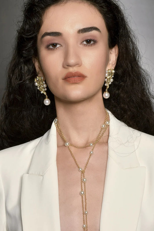 Gold Finish Mirror & Shell Pearl Dangler Earrings