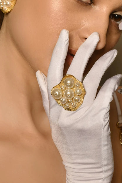 Gold Finish Pearl & CZ Stone Ring