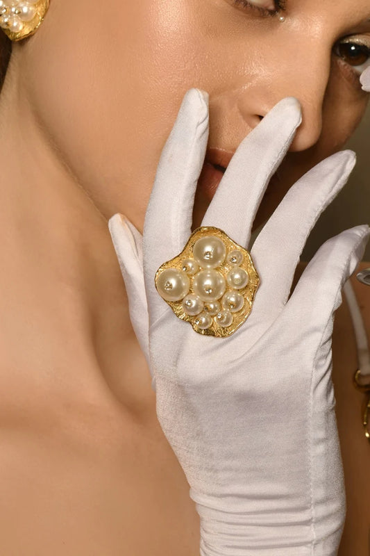 Gold Finish Pearl & CZ Stone Ring