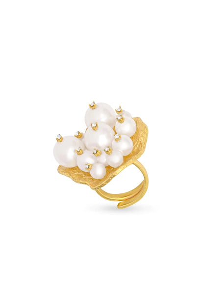 Gold Finish Pearl & CZ Stone Ring