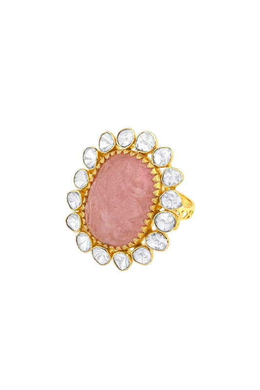 14kt Gold Finish Kundan Polki & Natural Morganite Carved Stone Ring