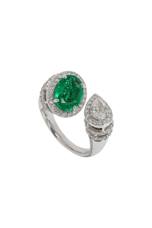 18kt White Finish Diamond & Natural Zambian Emerald Stone Ring