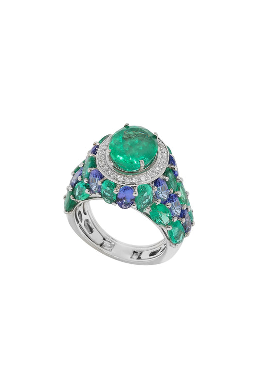 18kt White Finish Diamond & Natural Emerald Stone Ring