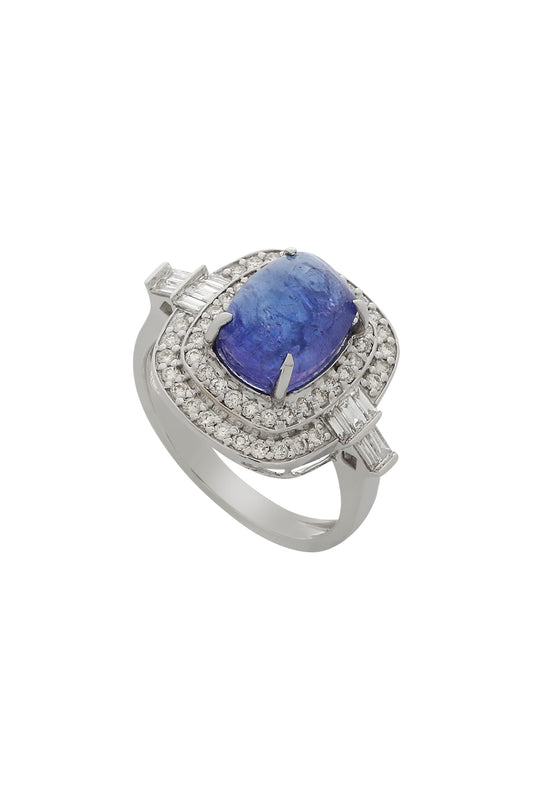 18kt White Finish Diamond & Natural Tanzanite Stone Ring