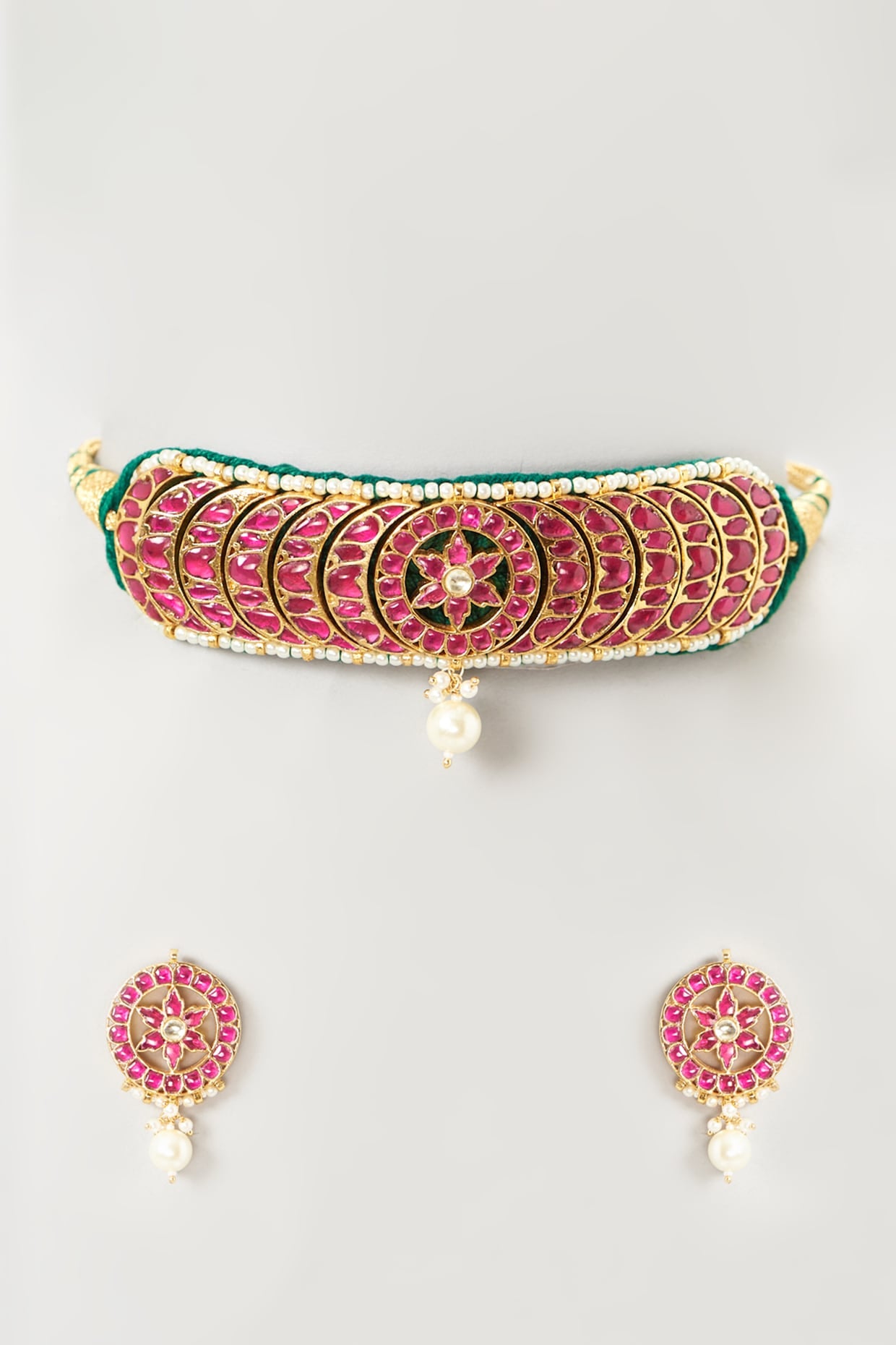 Gold Finish Multi-Colored Kundan Polki Choker Necklace Set