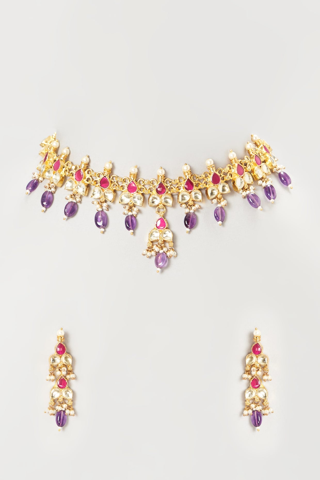 Gold Finish Multi-Colored Kundan Polki Choker Necklace Set