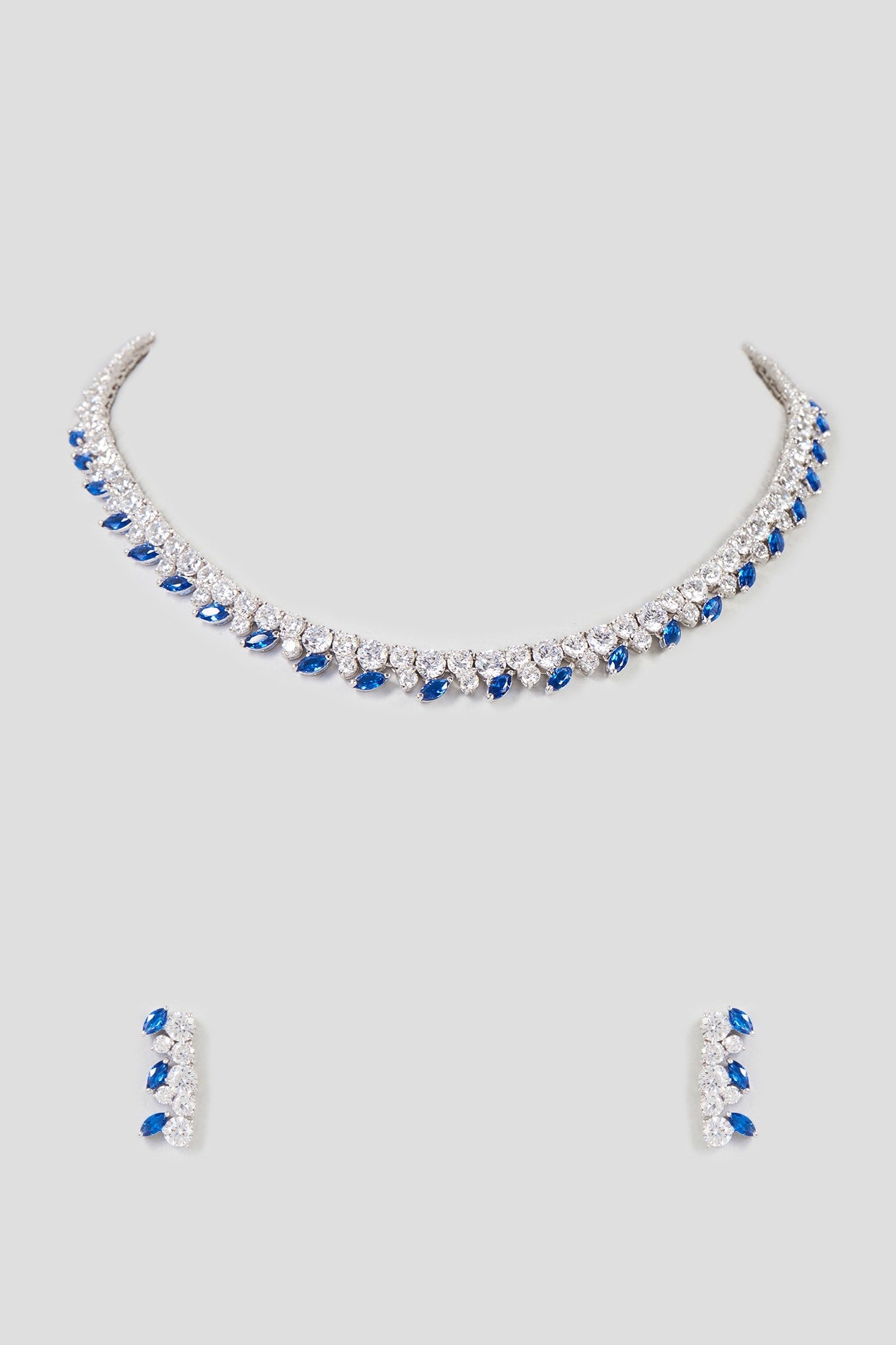 White Finish Blue Sapphire Necklace Set In Sterling Silver