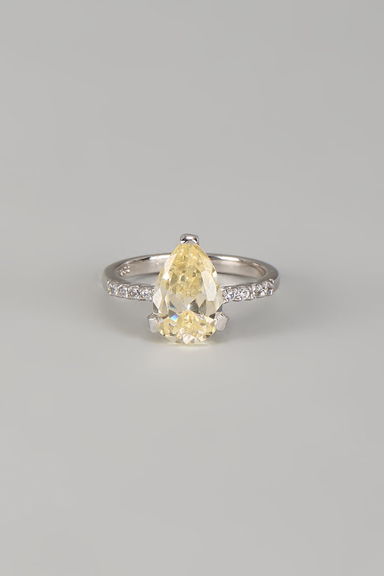 White Finish Yellow Sapphire Stone & Diamond Ring In Sterling Silver