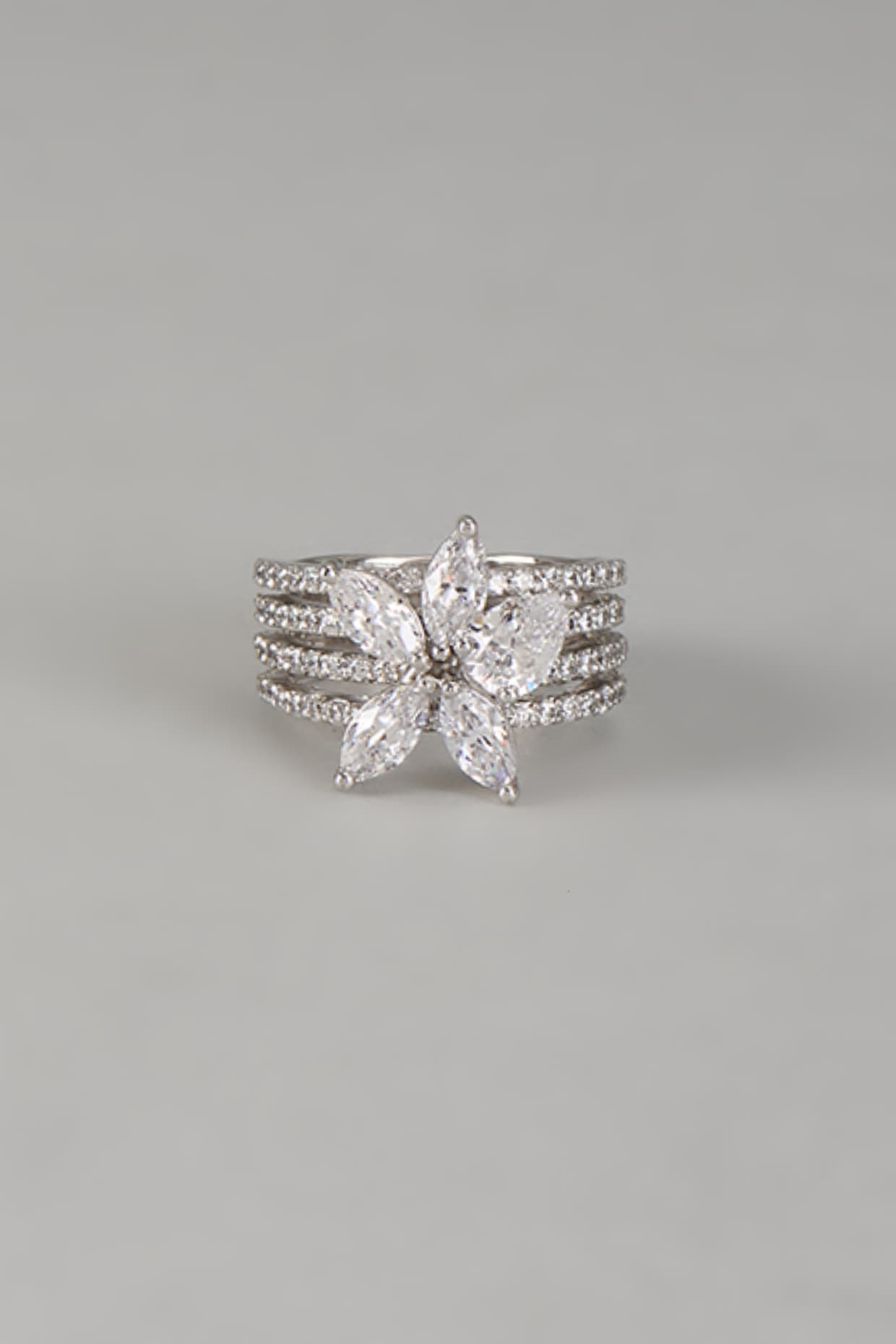 White Finish Five Marquise Diamond Ring In Sterling Silver