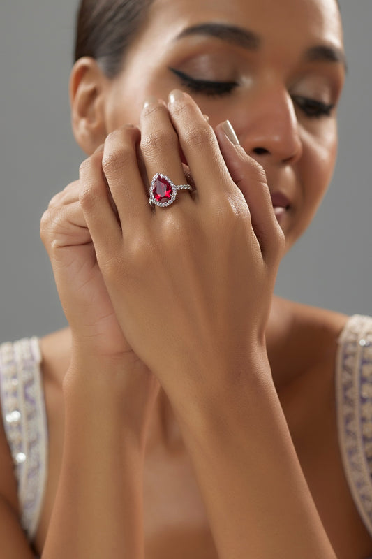 White Finish Diamond Halo & Ruby Semi-precious Stone Ring In Sterling Silver