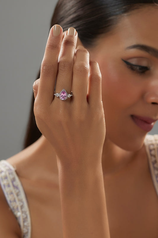 White Finish Pear-Shaped Diamond & Pink Sapphire Stone Ring In Sterling Silver