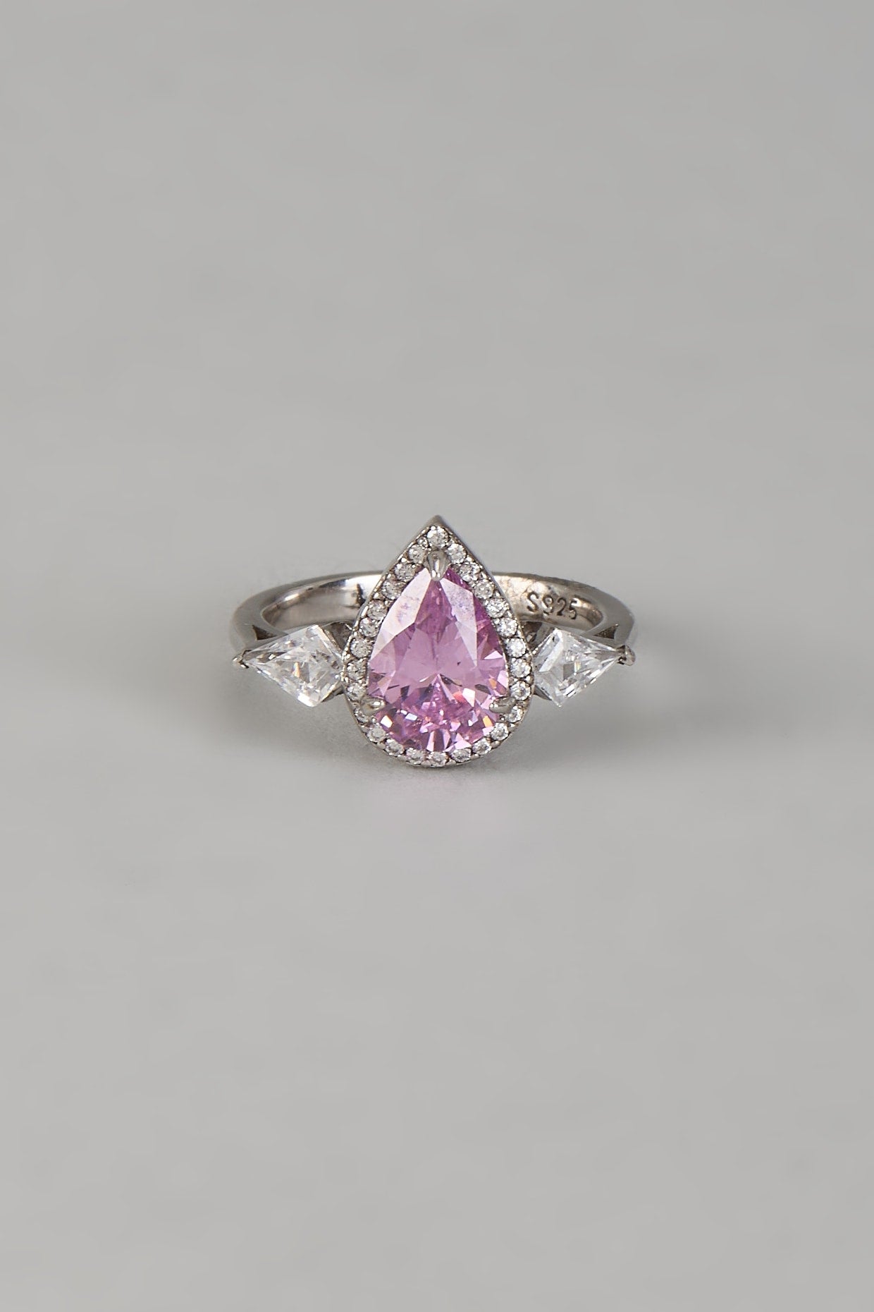 White Finish Pear-Shaped Diamond & Pink Sapphire Stone Ring In Sterling Silver