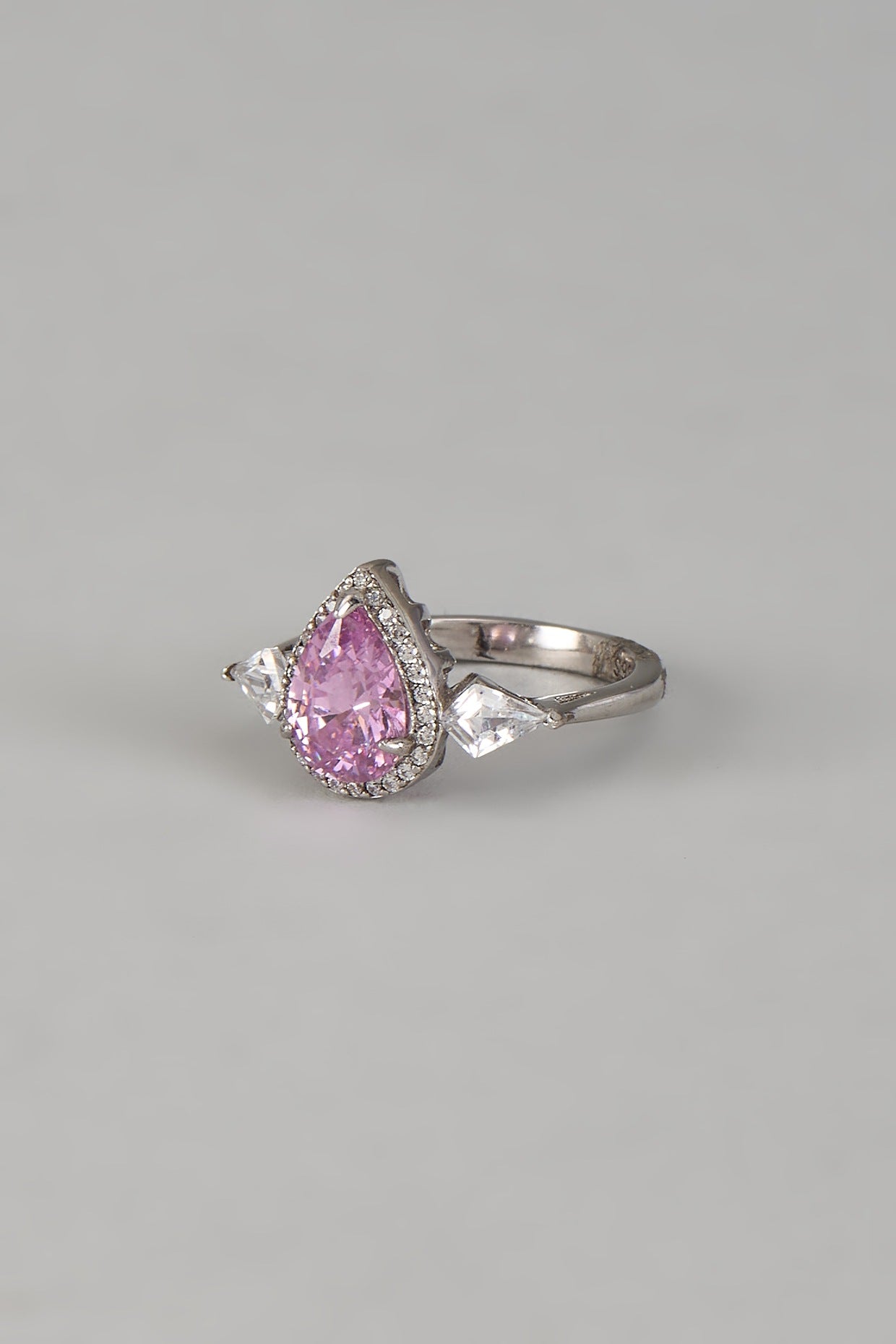 White Finish Pear-Shaped Diamond & Pink Sapphire Stone Ring In Sterling Silver