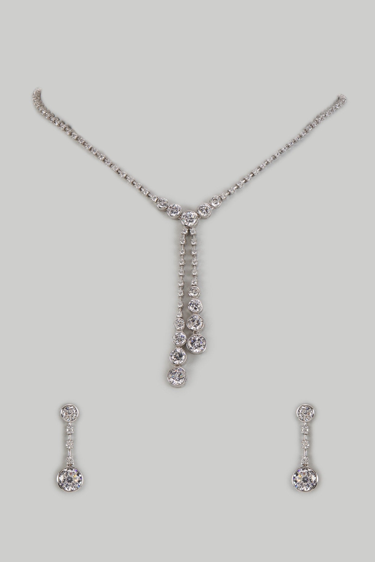 White Finish Zircon Solitaire Long Necklace Set In Sterling Silver