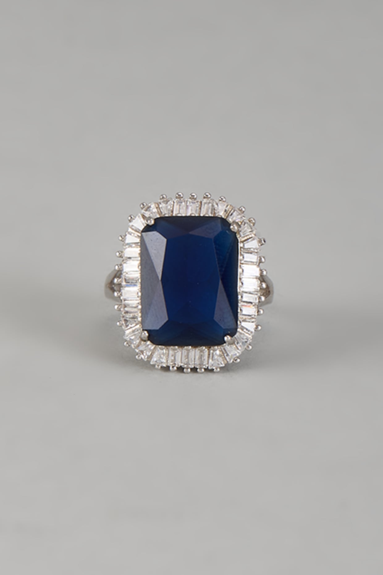 White Finish Halo Diamond & Blue Sapphire Stone Ring In Sterling Silver