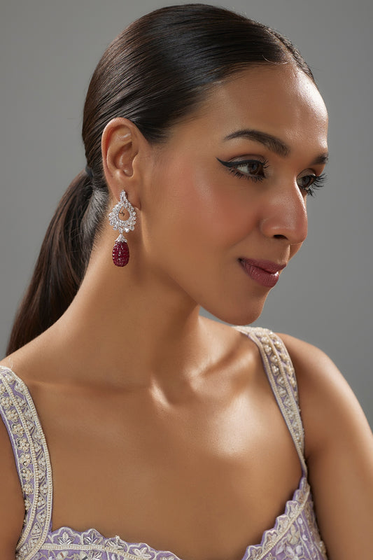 White Finish Zirconia & Ruby Drop Dangler Earrings In Sterling Silver